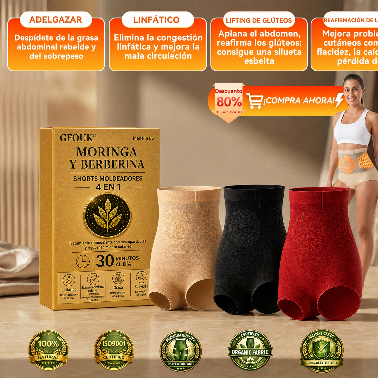 🔥🔥 GFOUK® 2026 Versión Mejorada Plus | ⚡️ Shorts Quemagrasas 4 en 1 con Moringa, Berberina y Micro-Partículas Esculpidoras